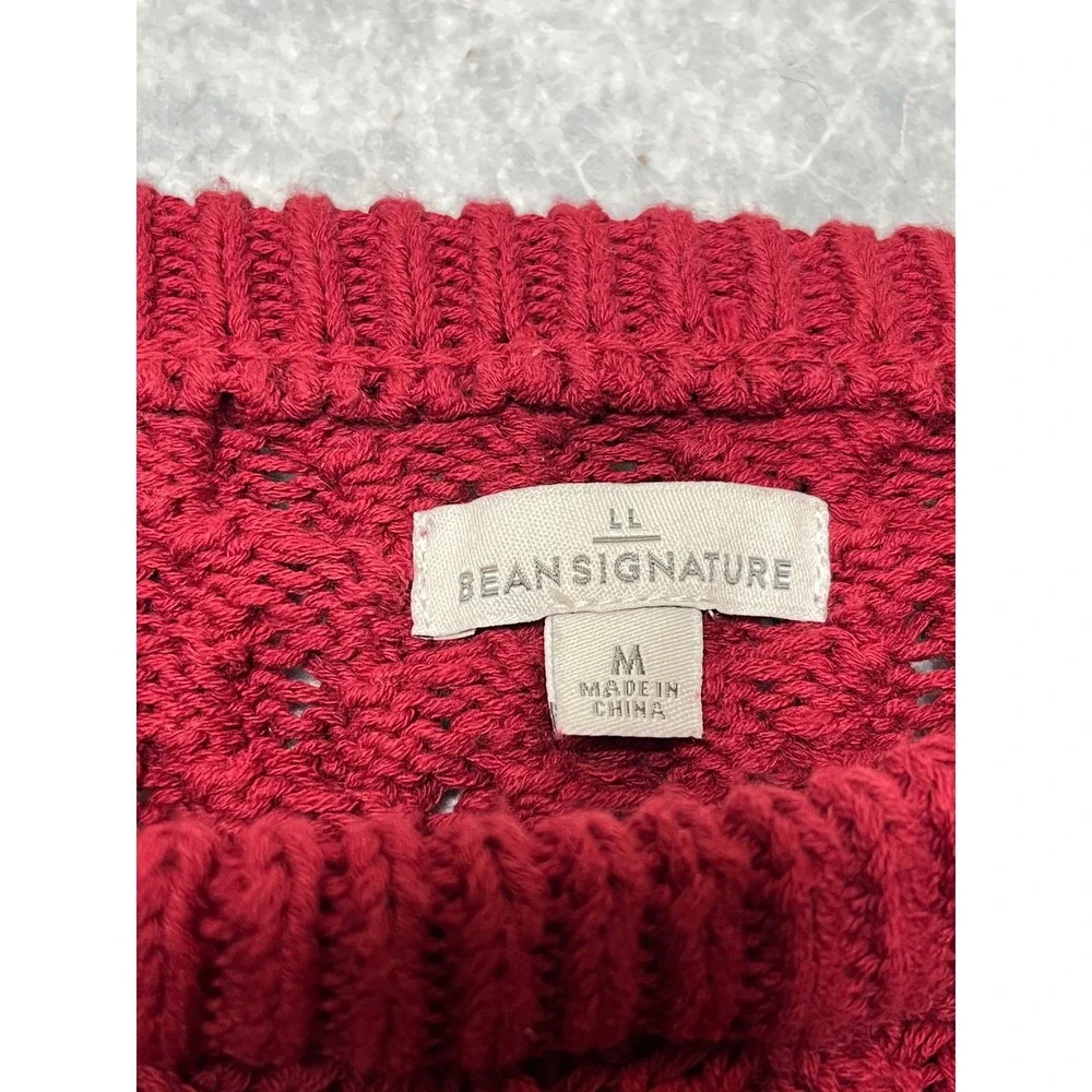 LL Bean Signature Red chunky Cable Knit Cotton Sweater Side Zip Womens‎ Medium